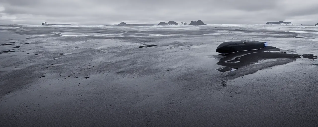 Image similar to cinematic shot of giant symmetrical futuristic military spacecraft in the middle of an endless black sand beach in iceland with icebergs in the distance,, 2 8 mm