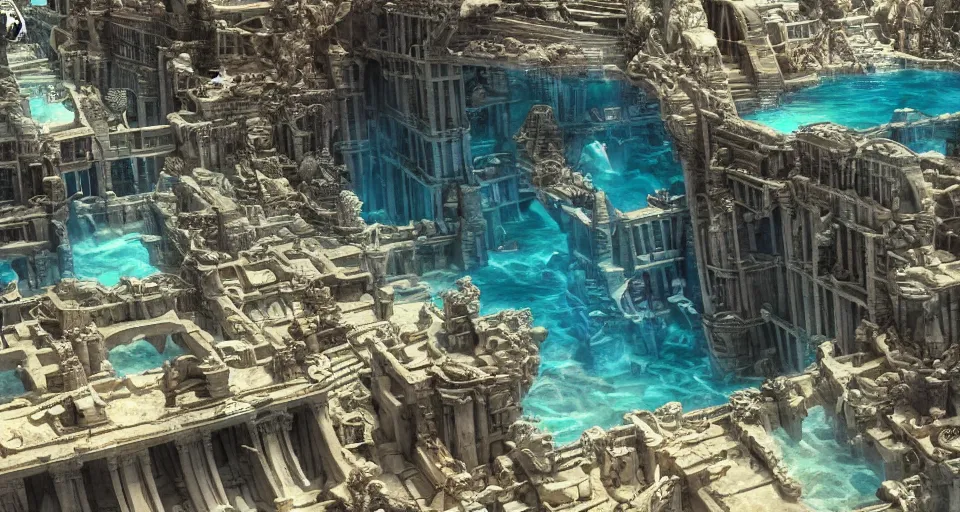 Prompt: an underwater view of the huge lost city of Atlantis, fully built buildings, white marble, hyper detailed, 4K