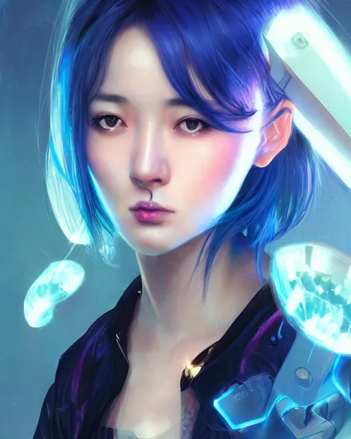 Prompt: stunningly beautiful female dj, blue hair, cute korean actress, dj sura, laser lights, sharp focus, digital painting, 8 k, concept art, art by wlop, artgerm, greg rutkowski and alphonse mucha