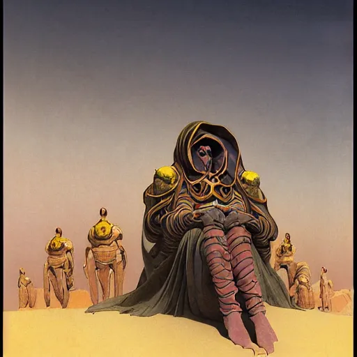 Image similar to portrait of masked Atreides Dune Dynasty on the art deco streets of the Giedi Prime during the Festival of Masks, award-winning realistic sci-fi concept art by Beksinski, Bruegel, Greg Rutkowski, Alphonse Mucha, and Yoshitaka Amano