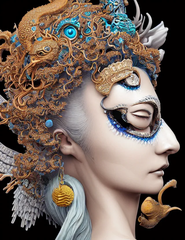 Image similar to 3 d goddess close - up profile portrait with crown, ram skull. beautiful intricately detailed tribal japanese crow kitsune mask and clasical japanese kimono. betta fish, jellyfish phoenix, bio luminescent, plasma, ice, water, wind, creature, artwork by tooth wu and wlop and beeple and greg rutkowski