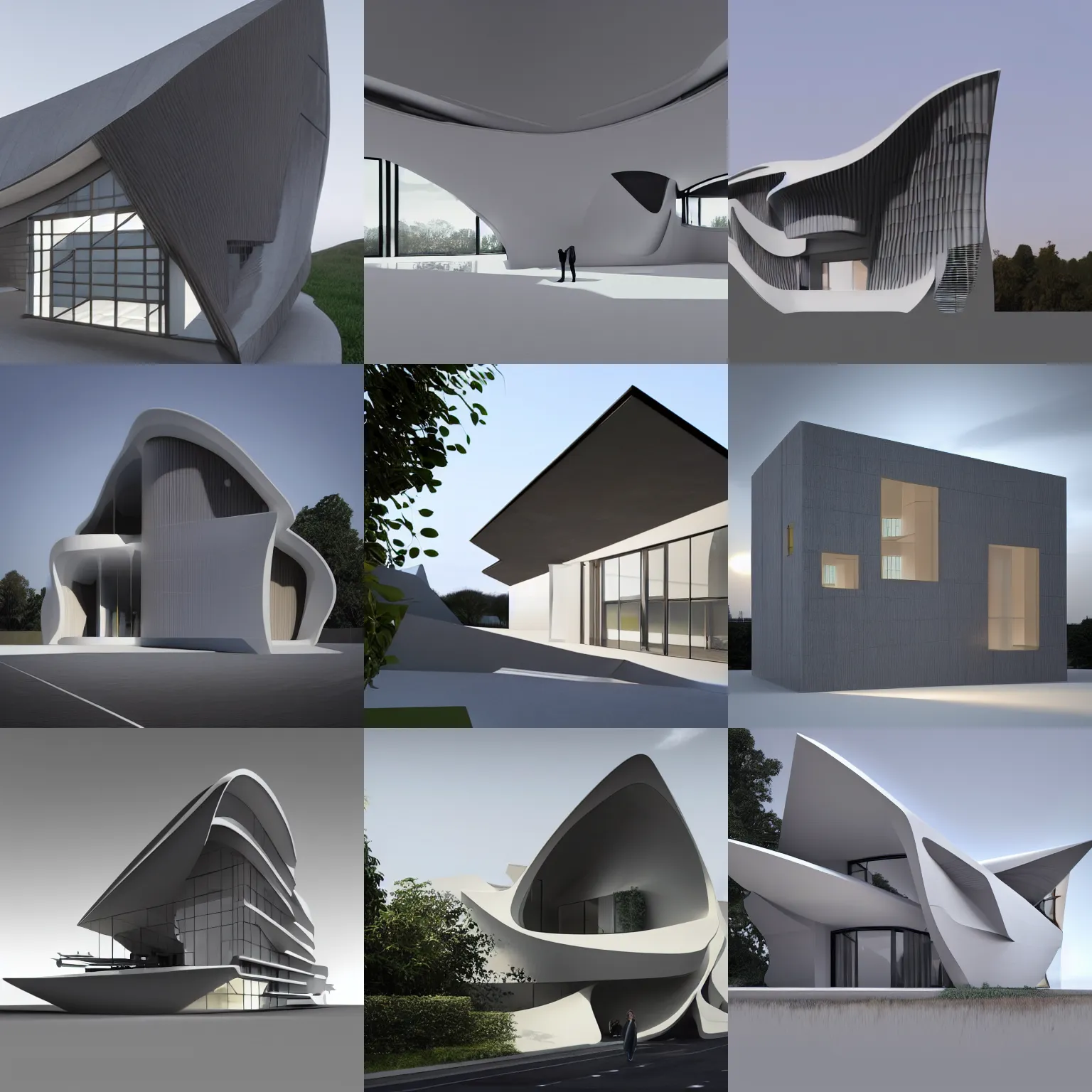 Prompt: a house by zaha hadid. vray render