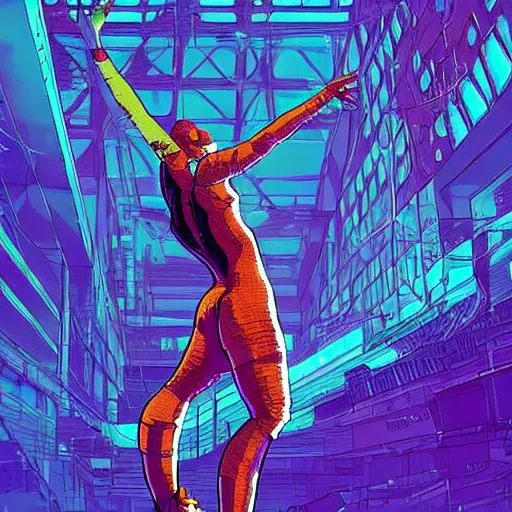 Prompt: a cyberpunk gymnast, centered in the frame, cyberpunk concept art by Jean Giraud and josan gonzales, digital art, highly detailed, intricate, sci-fi, sharp focus, Trending on Artstation HQ, deviantart, 4K UHD image