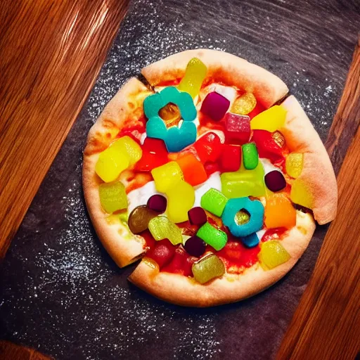 Image similar to high resolution photo of gummy pizza, michelin star, very tasty, food photography, instagram, trending