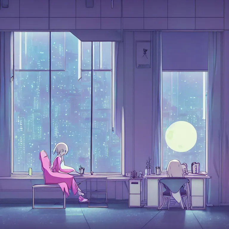 Image similar to beautiful illustration at night of a lonely female in her studio apartment sitting at her computer desk which is in front of a window which looks out to a futuristic city, japan, anime manga style, neon pastel, in the style of ghibli and hayao miyazaki and satoshi kon and shinichiro watanabe and makoto shinkai