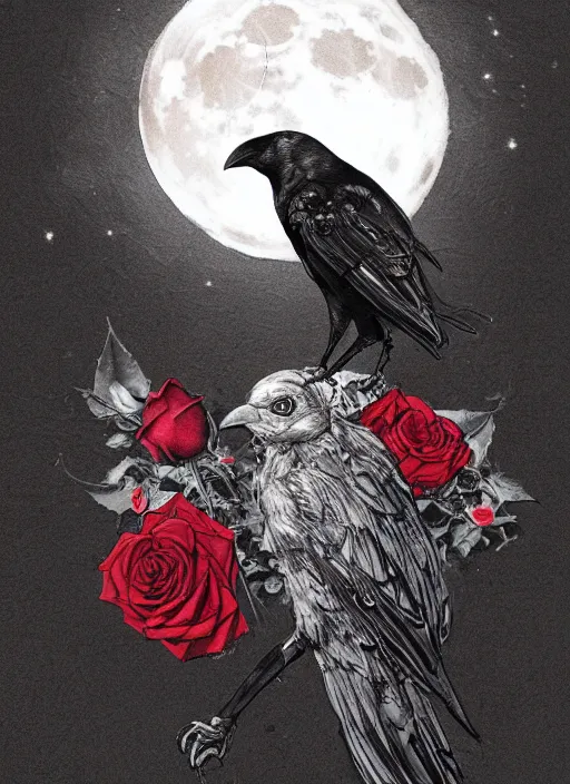 Image similar to portrait, A crow with red eyes in front of the full big moon, book cover, red roses, red white black colors, establishing shot, extremly high detail, foto realistic, cinematic lighting, pen and ink, intricate line drawings, by Yoshitaka Amano, Ruan Jia, Kentaro Miura, Artgerm, post processed, concept art, artstation, matte painting, style by eddie mendoza, raphael lacoste, alex ross