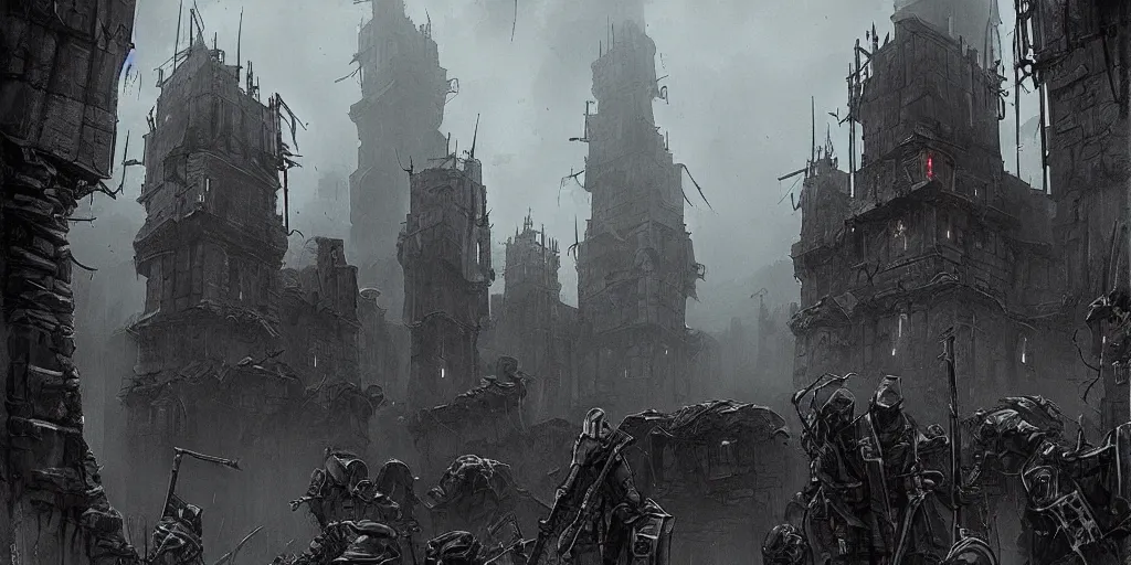 Image similar to grimdark fantasy fortress, trench crusade soldiers, terrifying architecture, looming, dark, fog, atmospheric cold lighting, dark souls, hyperrealistic, art by sparth