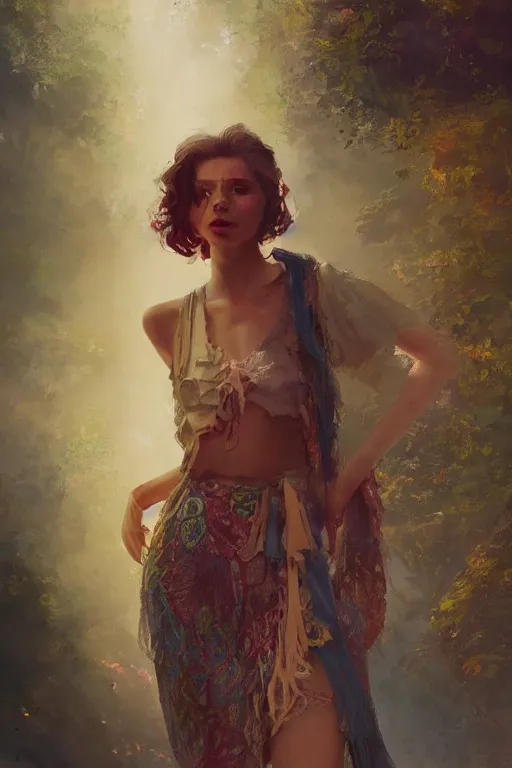 Prompt: a gorgeous young woman in a hippy 70's outfit, intricate, elegant, volumetric lighting, scenery, digital painting, highly detailed, artstation, sharp focus, illustration, concept art,ruan jia, steve mccurry