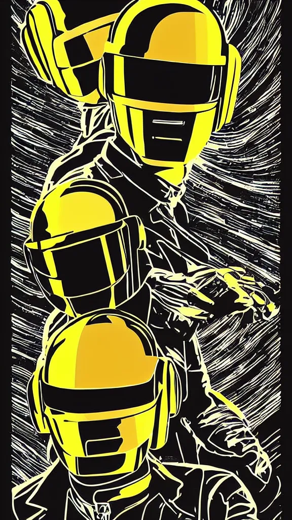 Prompt: Daft Punk logo by mcbess, full colour print, Techno concert advert