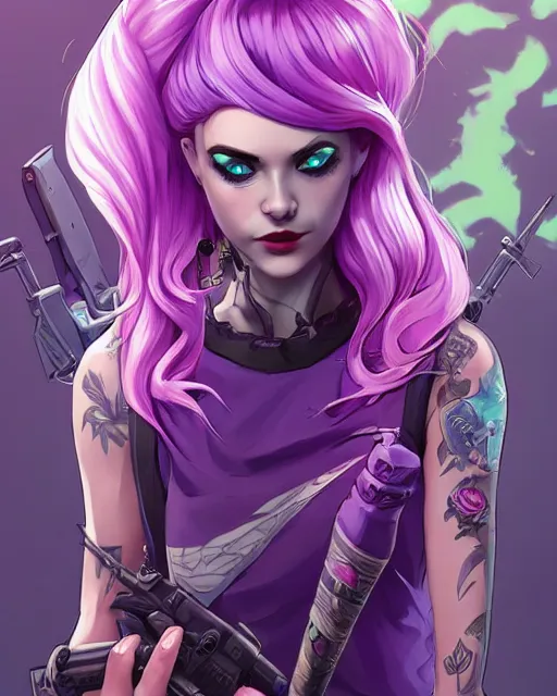 Image similar to beautiful female purple hair with dagger tattoo symmetrical face eyes full length fantasy art apex fortnite Video game icon, 2d game art gta5 cover , official fanart behance hd artstation by Jesper Ejsing, by RHADS, Makoto Shinkai and Lois van baarle, ilya kuvshinov, rossdraws