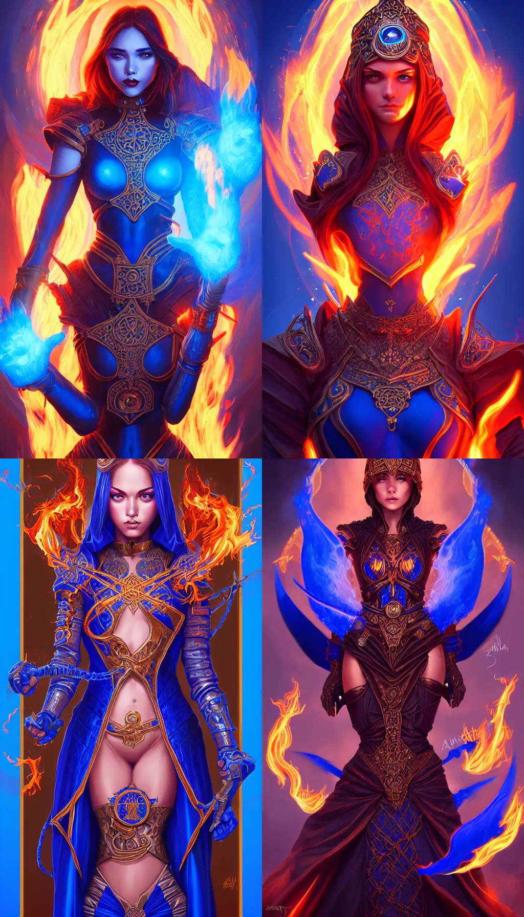 Prompt: young battle mage, brilliant royal blue, flames surround her, intricate detail, ornate, tarot card, digital artwork by artgerm and wpol and sarasti, android jones, artstation