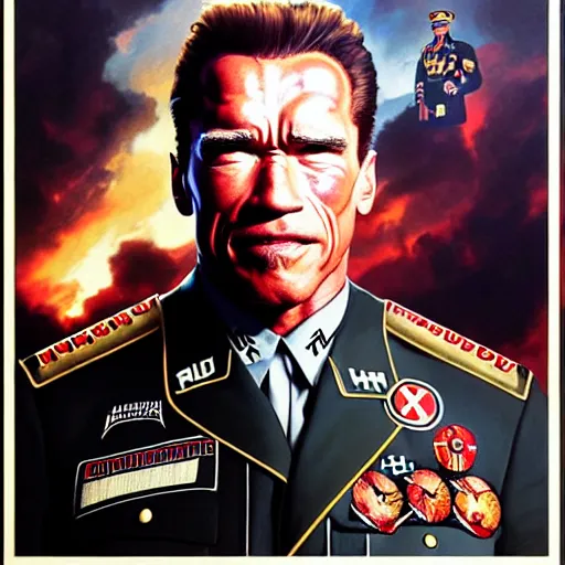 Image similar to uhd photorealistic portrait of arnold schwarzenegger in nazi uniform, by amano, ayami kojima, greg rutkowski, lisa frank, mark brooks, and karol bak, masterpiece, cinematic composition, dramatic pose, studio lighting, correct face, hyperdetailed, intricate details