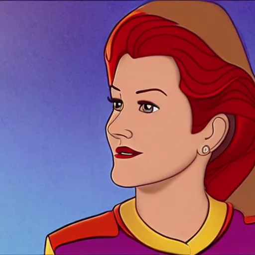 Prompt: captain janeway from star trek voyager in a still from a disney movie. beautiful cartoon character art, high quality, detailed face
