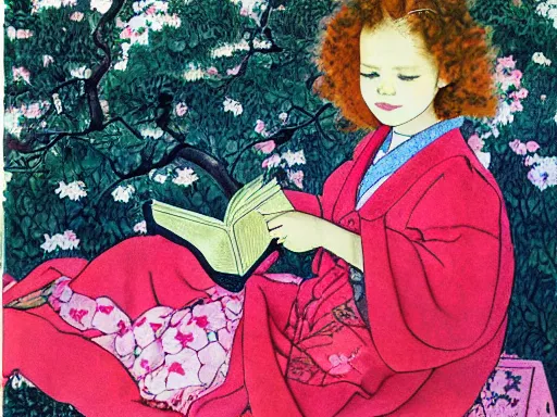 Image similar to beautiful little girl with long curly red hair dressed in a pink kimono and sitting next to a tree while reading a book, artwork made by ayami kojima, inspired in balthus, anatomically correct, higher details, realistic