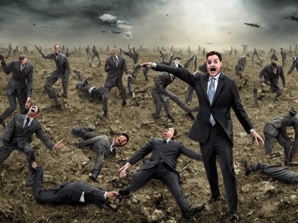 Image similar to one Comedian in suit and tie performing in a battle-field with dead bodies on the ground, comedian is funny, performing to dead soldiers, nuclear bomb in far horizon, apocalypse, trending on artstation, single man in suit, artstationHD, hyperdetailed matte painting, highly detailed, digital painting, hyper-realistic, realistic, photo-realistic