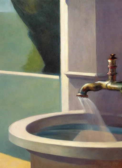 Prompt: water faucet dripping Edward Hopper, highly detailed