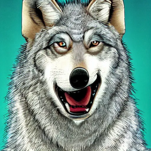 Image similar to realistic portrait of retarded wolf, eyes in different directions, very ugly, stupid