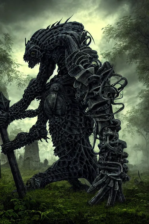 Prompt: post - gothic giant creepy chimera, exoskeleton armor, attacking with axe, dystopian ruins covered in vegetation, highly detailed smooth digital art masterpiece, vitaly bulgarov giger dramatic dark blue light, ground angle hd 8 k, sharp focus