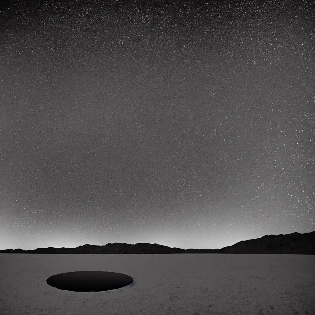 Image similar to a circular crater filled with water reflecting the Milky Way Galaxy at night, Death Valley, 35mm, sci-fi cinematic movie still