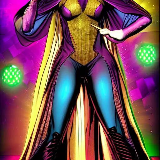 Image similar to Portrait of VelvetTrue-Beatz Disco-TEcha Dancer, flowing cape, marvel armor, graphic novel, art by Ardian Syaf