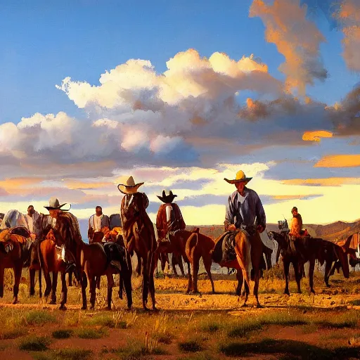 Prompt: a beautiful painting of 18 more hot hard buff wild cowboys out in the yard at Ram Ranch, hyperrealistic, golden hour, by Mark Maggiori, by Frank Tenney Johnson, by Frederic Remington, trending on artstation