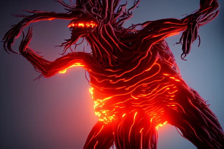 Prompt: fire creature made out of a humanoid nervous system with large meaty spikes all over the body, cinematic, volumetric lighting, f 8 aperture, cinematic eastman 5 3 8 4 film, photorealistic