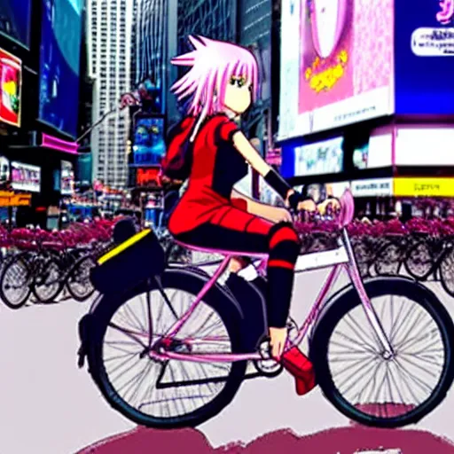 Image similar to Photo of Sakura Haruno riding a bike in the Times Square