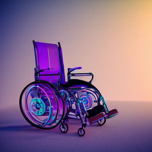 Image similar to a 3d render of a vaporwave wheelchair, ultra detailed, realism, 8k, octane render, unreal engine