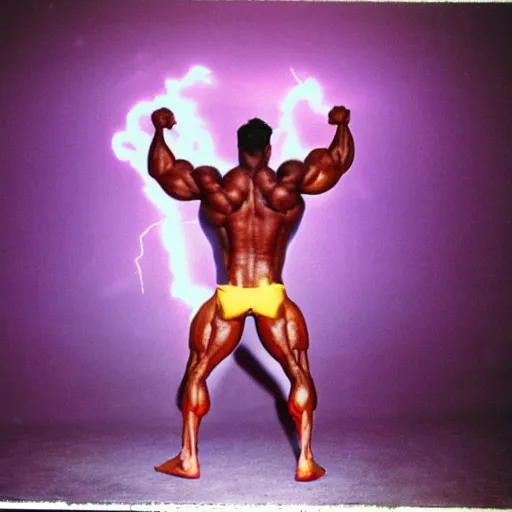 Image similar to realistic photo 35mm of a bodybuilder wearing a loincloth in a disco club next to a large purple rectangle made of lightning