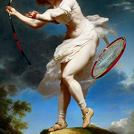 Prompt: Serena Williams flying with a racket as Nike Goddess portrait, wings, luxuriant, dreamy, eternity, romantic, strong pose, highly detailed,in the style of Franz Xaver Winterhalter, highly detailed,in the style of Aetherpunk