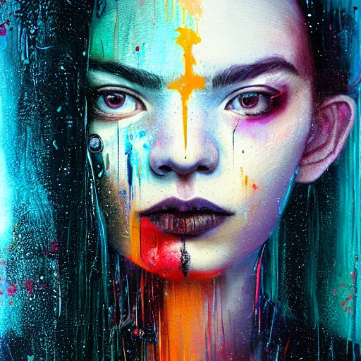 Prompt: art portrait of a Anya Taylor-Joy, cameras, decaying ,8k,by tristan eaton,Stanley Artgermm,Tom Bagshaw,Greg Rutkowski,Carne Griffiths, Ayami Kojima, Beksinski, Giger,trending on DeviantArt,face enhance,hyper detailed,minimalist,cybernetic, android, blade runner,full of colour