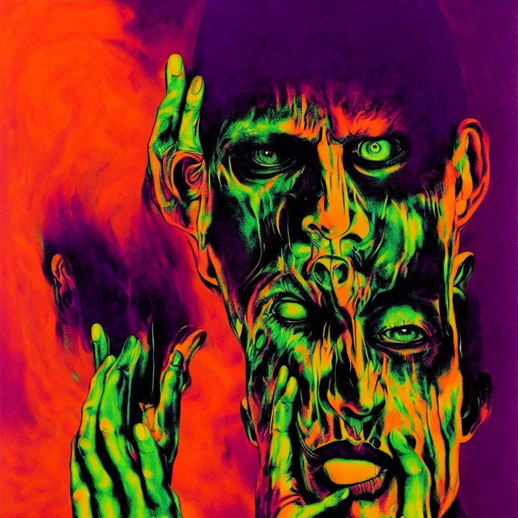 Image similar to psychedelic bright portrait of bill hicks smoking in the style of hans giger, alex grey, lynchian atmosphere, film noir, concept art, art by kuvshinov ilya and zdislav beksinski and wayne barlowe, vivid colors, yellow, purple, red, black, blue, green, orange, pink