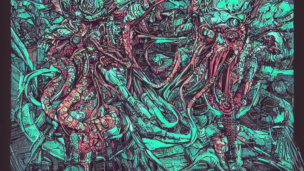 Image similar to cyberpunk cthulhu by dan mumford. trending on artstation.