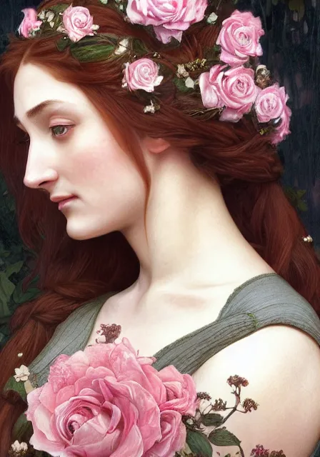 Prompt: portrait of sansa stark with roses in her long hair, intricate, elegant, highly detailed, digital painting, artstation, concept art, smooth, sharp focus, illustration, art by artgerm and greg rutkowski and alphonse mucha and william - adolphe bouguereau