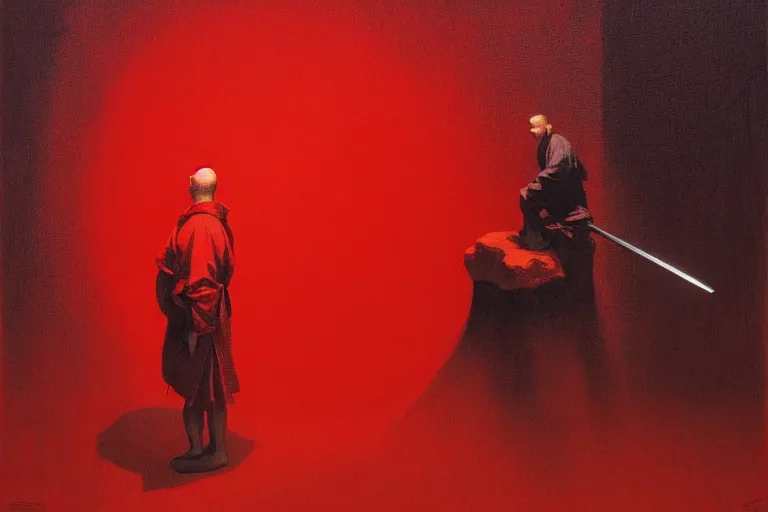 Image similar to only with red, a red samurai harakiri, tokio, a lot of frogs watch, in the style of beksinski, parts by edward hopper, parts by rodcenko, parts by yue minjun, intricate and epic composition, red by caravaggio, insanely quality, highly detailed, masterpiece, red light, artstation, 4 k