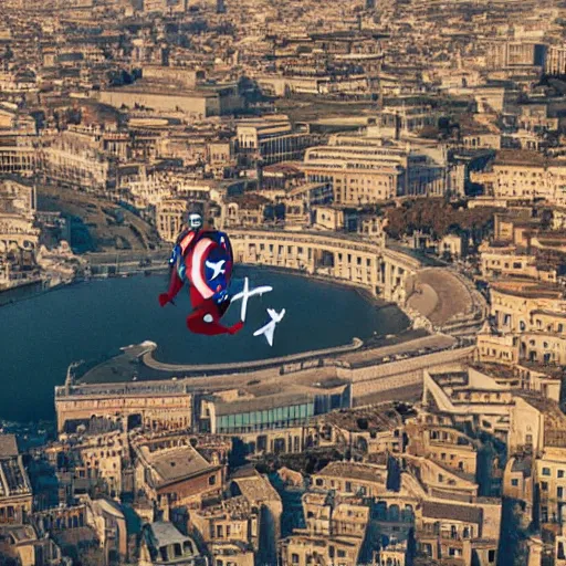 Image similar to Captain America flies over the cityscape of Rome. Filmed in the style of Wim Wenders. Cinematic, 50mm, highly intricate in technicolor