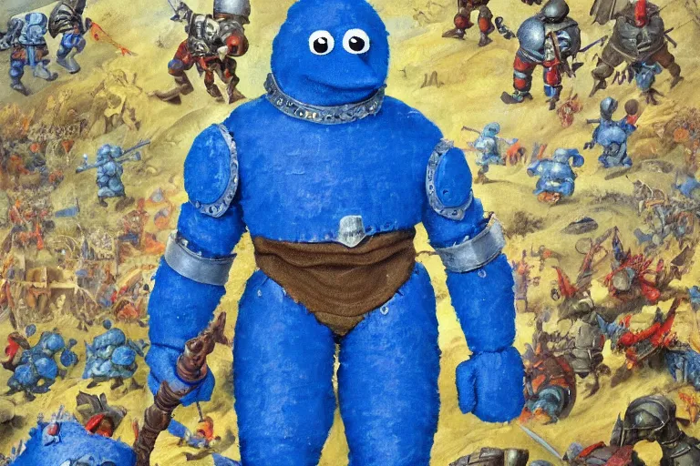 Prompt: big dumb blue giant wearing simple iron armour, leading an army of small blue muppets in rags against the medieval evil red muppet army. oil painting. the battle is horrific. masterwork oil painting. historic battle.