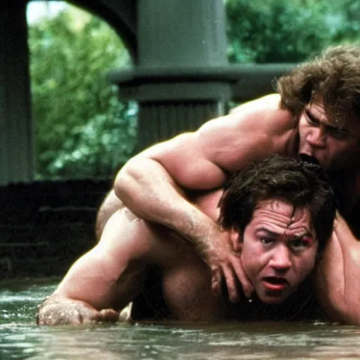 Prompt: jim halpert wrestling an alligator 8 0 s movie still action