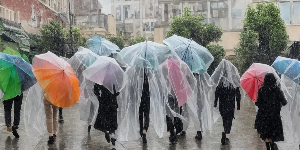 Image similar to people in transparent raincoats holding transparent umbrellas