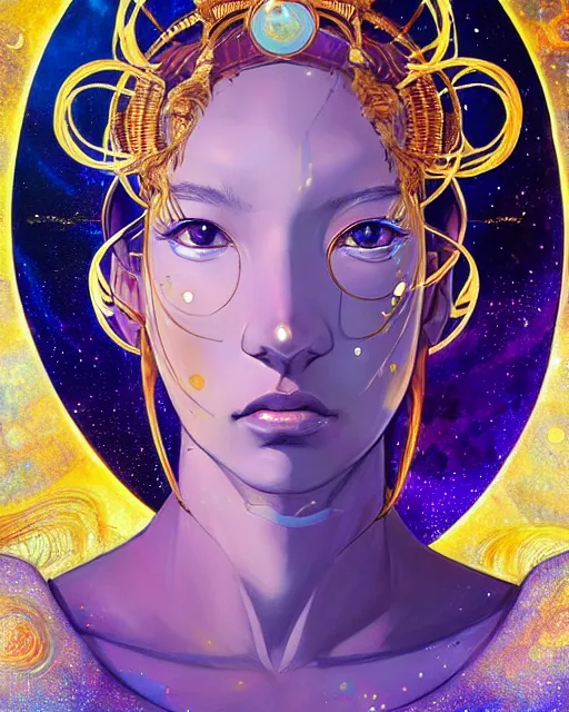 Prompt: a golden goddess with blue adornments quarter turn figurative anime portrait, in space, transcending to a higher plane, anima, the eternal blessing the holy nexus, in the multiverse, lazer light beaming down to top of her head, by android jones, by ben ridgeway, by ross draws, by Noah Bradley, by Maciej Kuciara + illustrative + visionary art + low angle + oil painting + Visionary art, DMT, psychedelic, The god particle, utopia profile, artgerm, featured in artstation, elegant, Moebius, Greg rutkowski