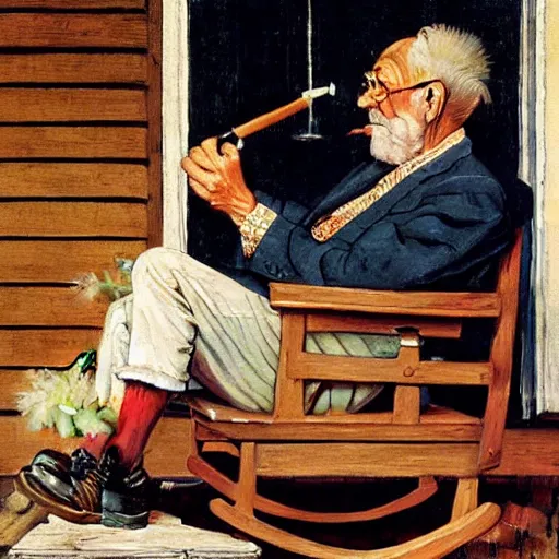 Image similar to an old man smoking a pipe, sitting in a wooden rocking chair on a front porch, Whittling a piece of wood, by Norman Rockwell