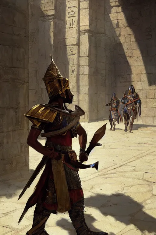 Prompt: a fantasy concept artwork depicting an armored ancient egyptian palace guard walking through the egyptian courtyard by anders zorn, craig mullins and greg rutkowski, beautiful cinematic light