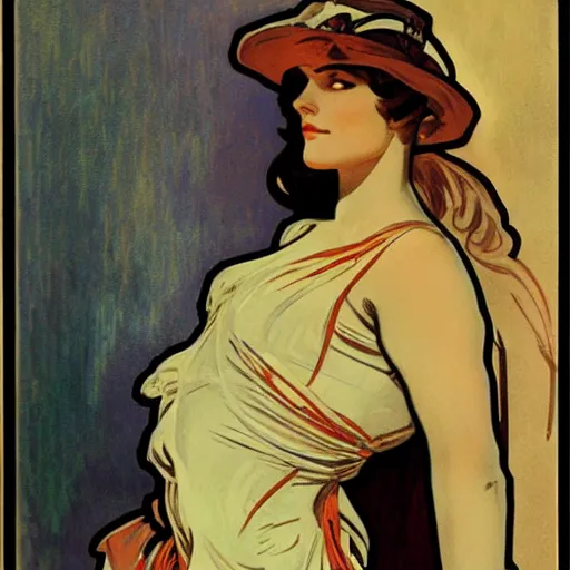 Image similar to female spy, painted by alphonse mucha