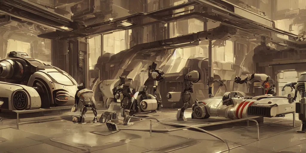 Image similar to concept art, retro - futurist droid repair workshop, soft lighting, soft reflections, octane render, curves, syd mead, akihiko yoshida, cinematic