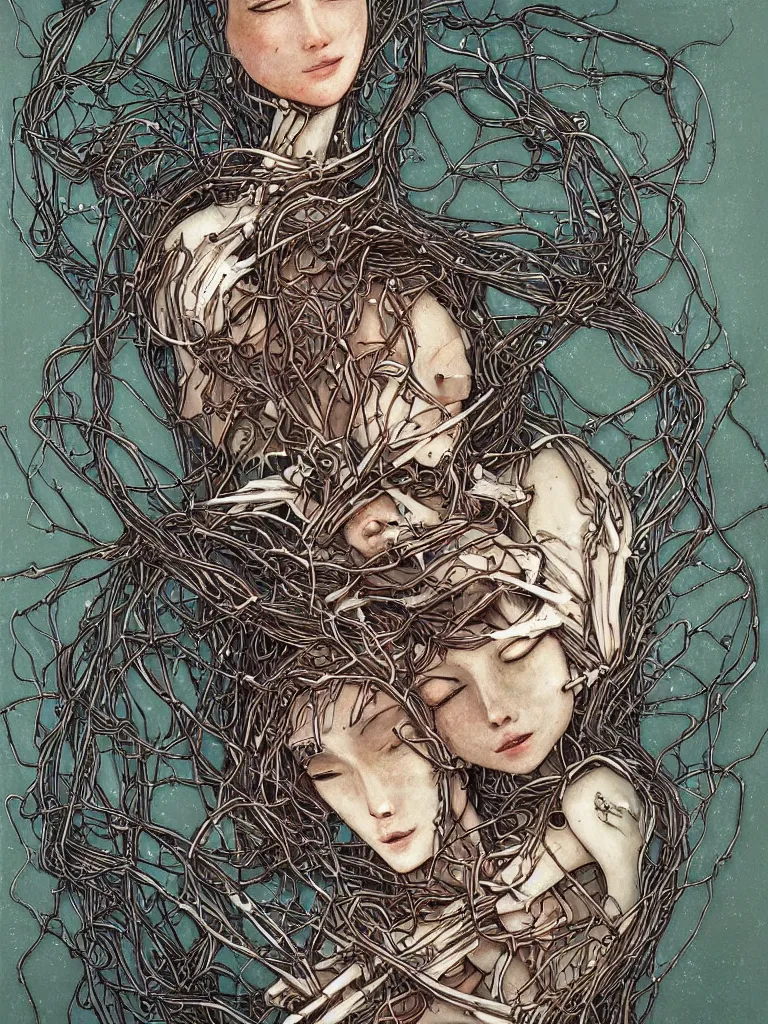 Prompt: portrait of a beautiful female android robot holding a sleeping fox in her arms, there are wires coming from her heart, tangled and entwined with her long flowing hair, mecha, biopunk, skeletal, bones, brambles and vines, by Henry Justice Ford