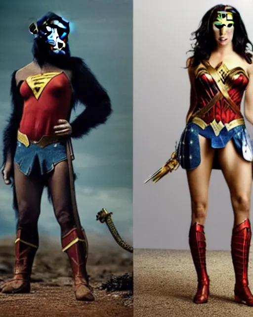 Prompt: a Chimpanzee dressed as Wonder Woman stands next to Clint Eastwood photographed in the style of Annie Leibovitz, photorealistic