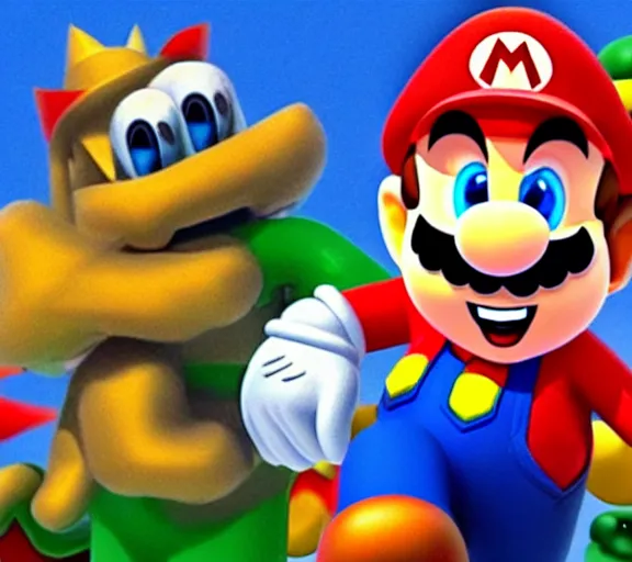 Image similar to Super Duper Mario, the legendary creepypasta monster with hyperrealistic bloody eyes, VHS found footage