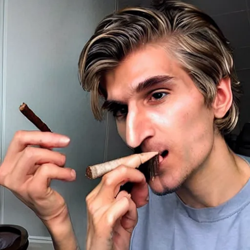 Image similar to a closeup photo of handsome gigachad xqc smoking a cigar