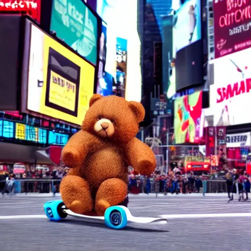 Prompt: teddy bear riding skateboard in times Square, photorealistic, 4k, high definition