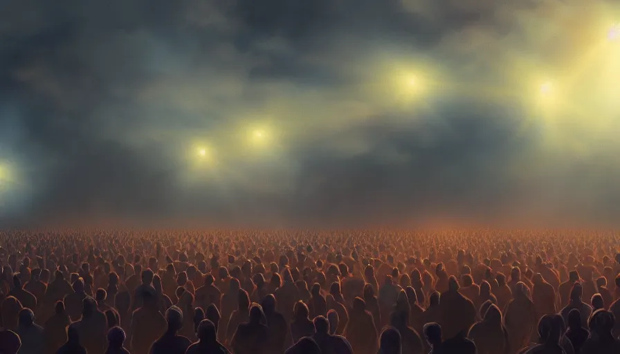 Prompt: painting of a crowd with extended arms towards glowing sky, volumetric lighting, nasty, hyperdetailed, realistic